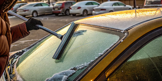 Driver scraping ice off a car windshield with a large ice scraper in a snowy parking lot