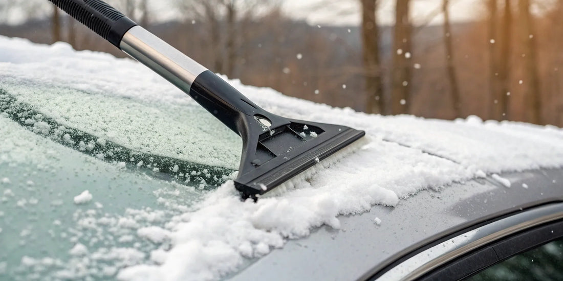 The best snow scraper clearing snow and ice from a car windshield.