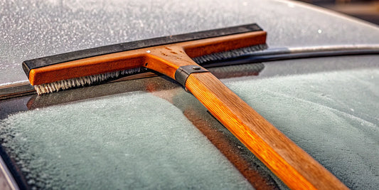 A heavy-duty ice scraper with a warranty easily clears thick ice from a car windshield.