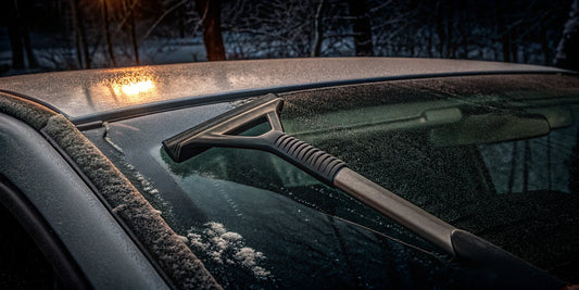 A heavy-duty ice scraper for a windshield, a smart tool to buy for clearing thick ice.