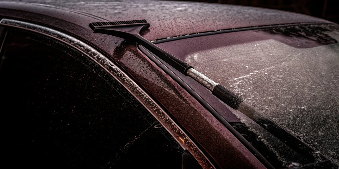 An ice scraper for a car resting on a frosted windshield.