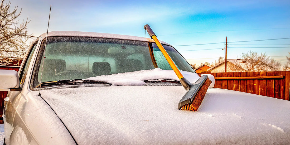 A heavy-duty ice scraper clearing thick snow from a truck windshield.