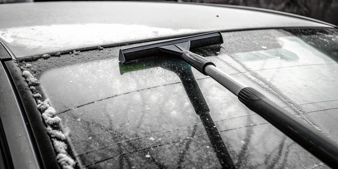A long handle ice scraper clearing thick ice from a car windshield.