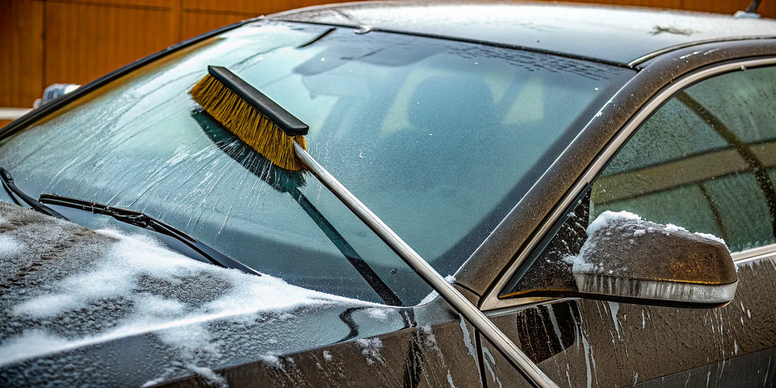 A paint-safe snow scraper with soft bristles clearing snow from a car windshield.
