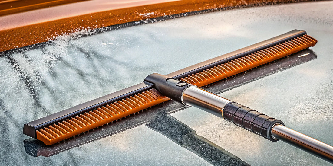 A car snow scraper with a durable blade and ergonomic grip clearing a snowy windshield.