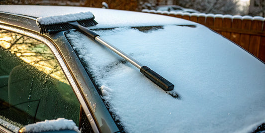 A heavy-duty snow removal tool with a brush clearing thick snow off a car.