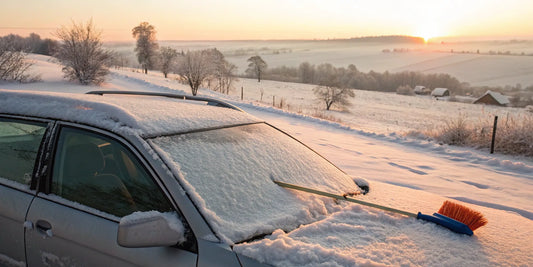 A snow-covered car with a brush, a reminder of costly winter car care mistakes to avoid.