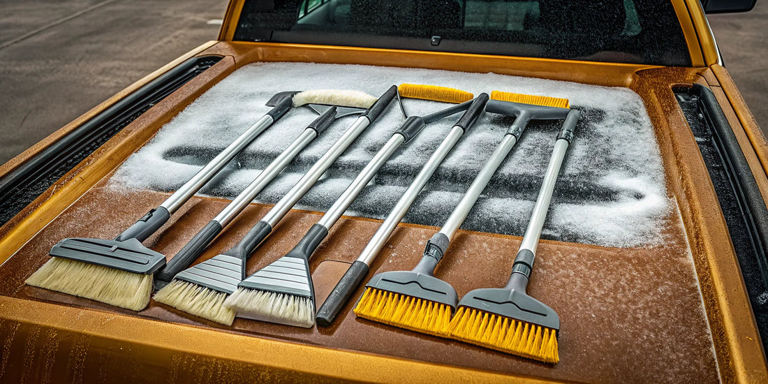 Best snow scrapers for trucks with extendable handles and heavy-duty brushes displayed on a snowy truck bed.