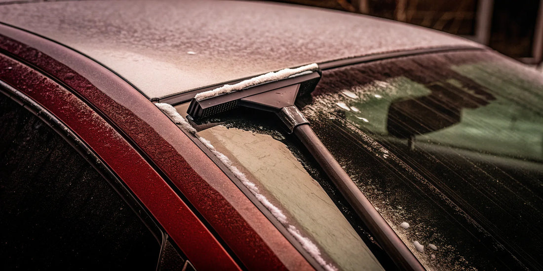 A wholesale promotional ice scraper for car dealerships clearing a frosty windshield.