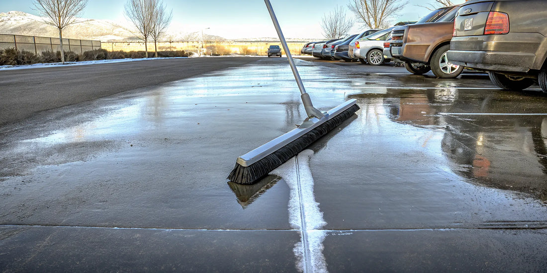 A custom snow scraper with a logo clearing ice and snow from a company vehicle.