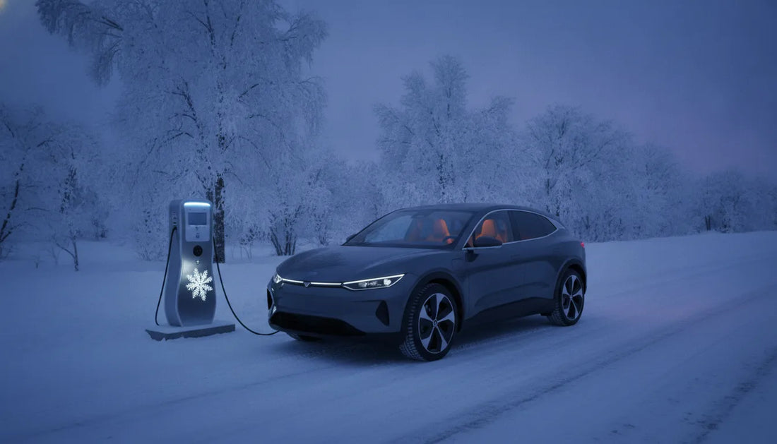 Electric vehicle parked at a snowy roadside charging station