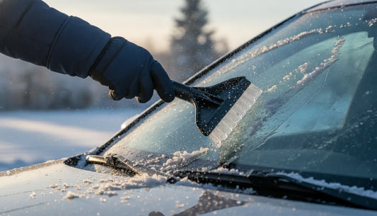 A gloved hand clearing thick ice off a car windshield with The Edge ice chipper