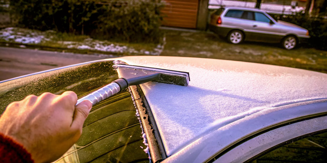 The Edge ice scraper clearing frost from a car windshield