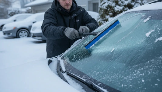 Driver clearing frost from a car windshield with a broad ice scraper