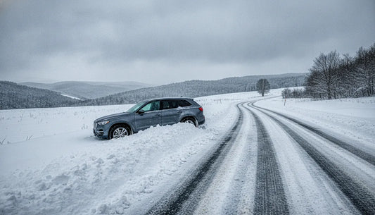 Car partially stuck in deep snow on a quiet winter roadside
