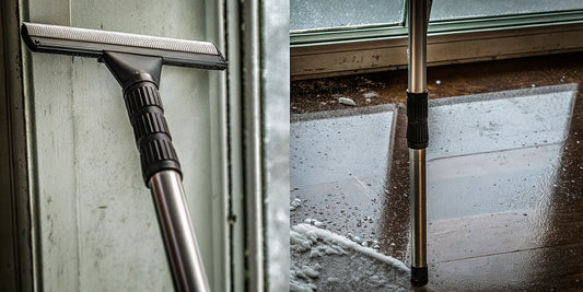 Extendable snow scraper with an ergonomic handle and sturdy blade for clearing snow and ice from a vehicle.