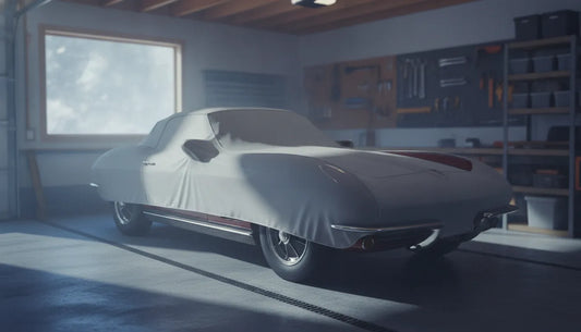 Classic car stored under a breathable cover in a dry garage