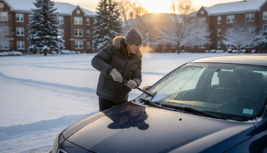College student scraping snow and ice off a parked car windshield on a snowy campus quad