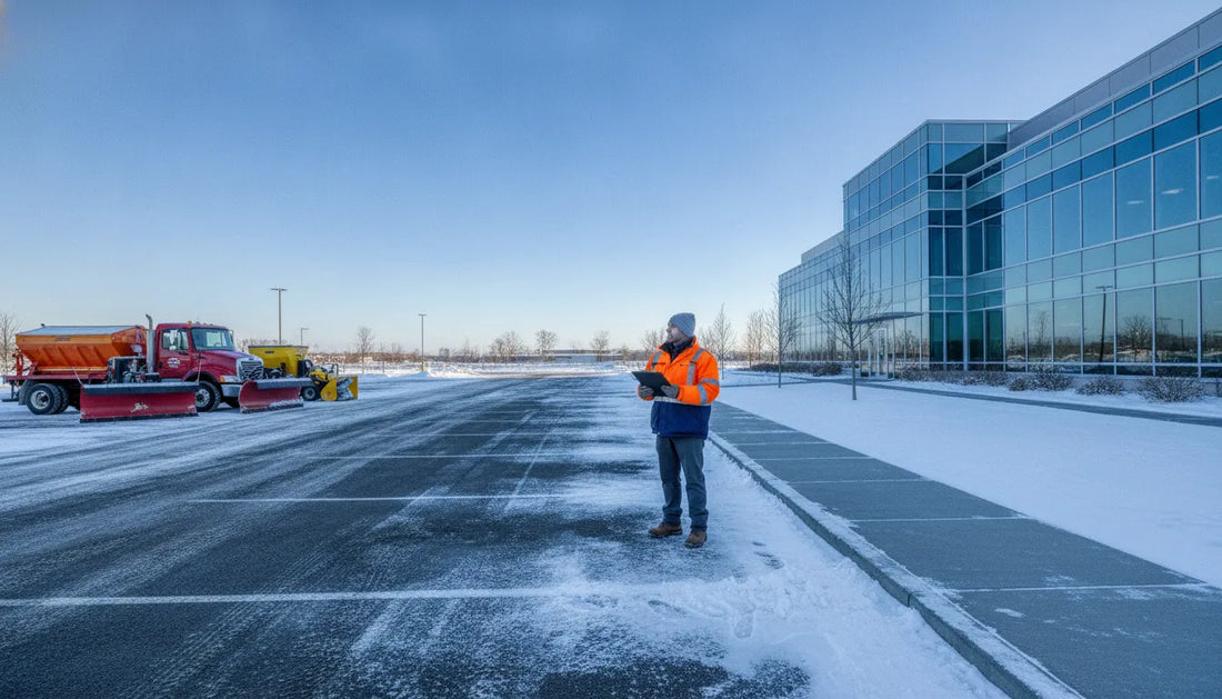 Facilities manager inspecting a commercial parking lot after snowfall