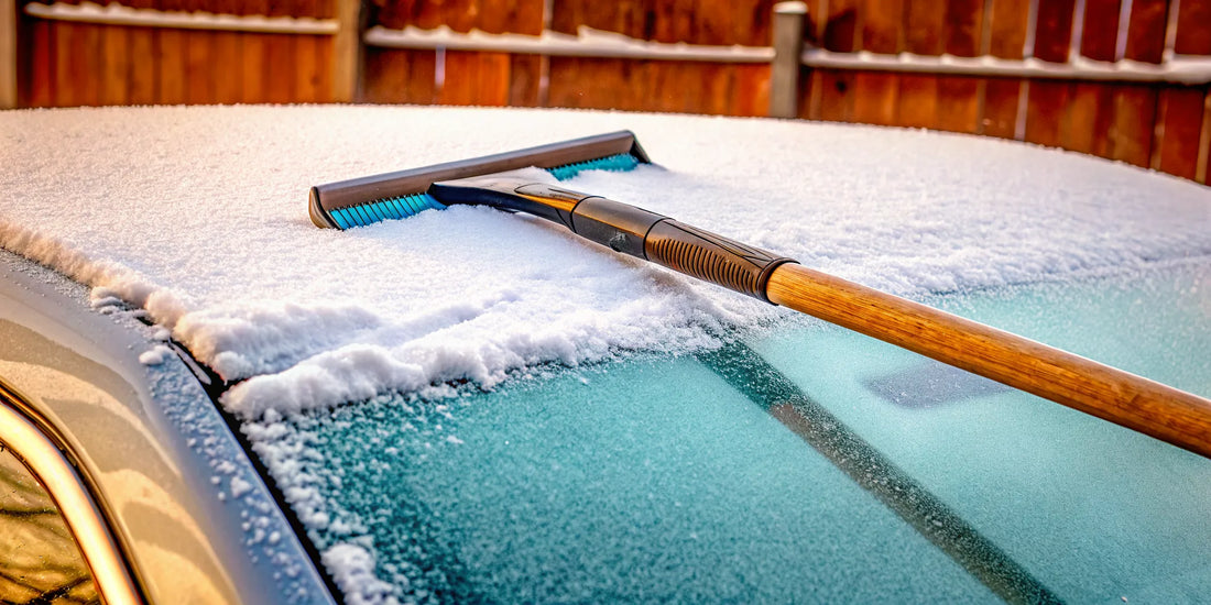 Custom branded oversized snow and ice scraper with corporate logo on a car windshield in winter