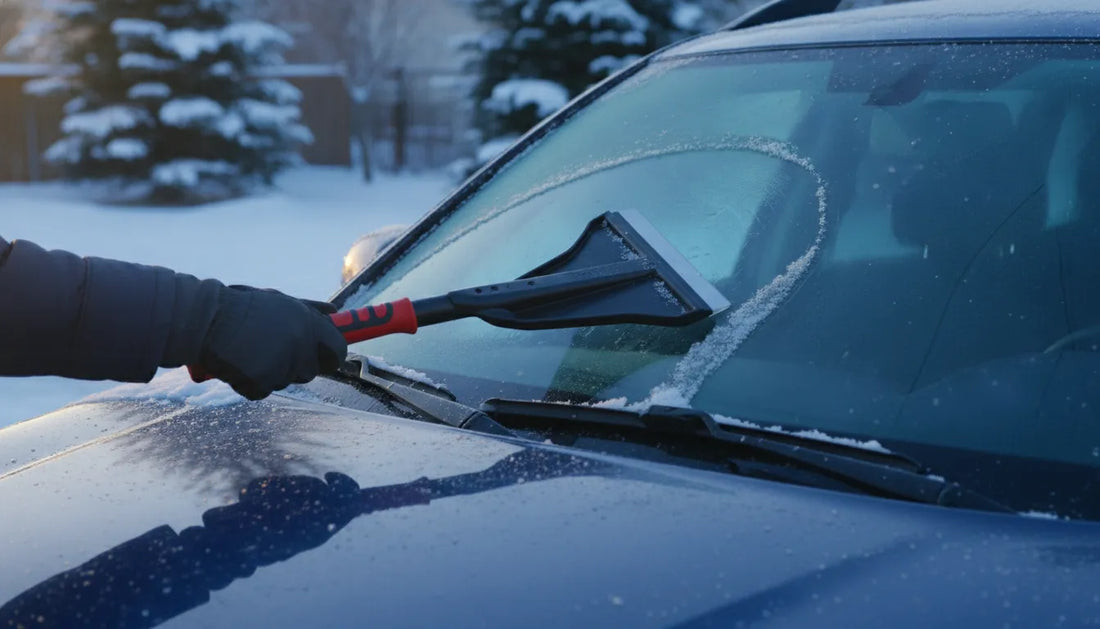 Driver using a broad ice scraper on a frosted windshield