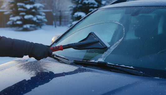 Driver using a broad ice scraper on a frosted windshield
