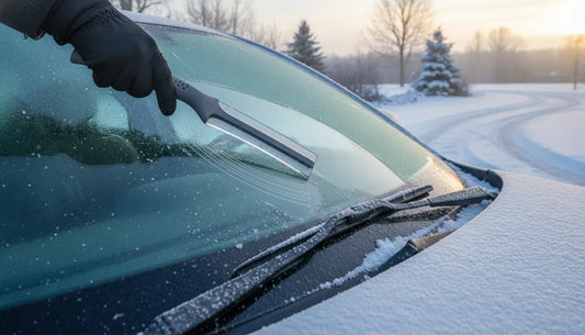 Gloved driver using an ergonomic ice scraper on a frosted windshield