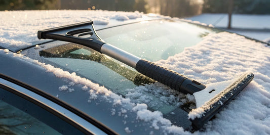 Ergonomic ice scraper with a 5 year warranty clearing a snowy car windshield.