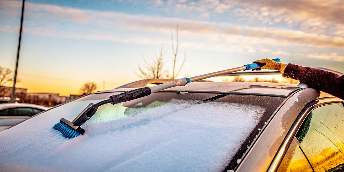 A long snow scraper for an SUV clearing thick snow from the windshield.