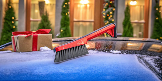 Oversized red snow scraper on a snowy car windshield with holiday gift box