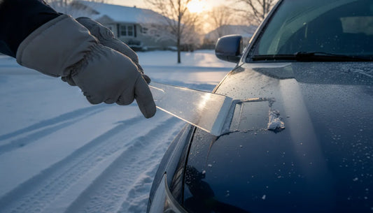 Gloved driver using a flat handleless ice scraper on a frosted windshield