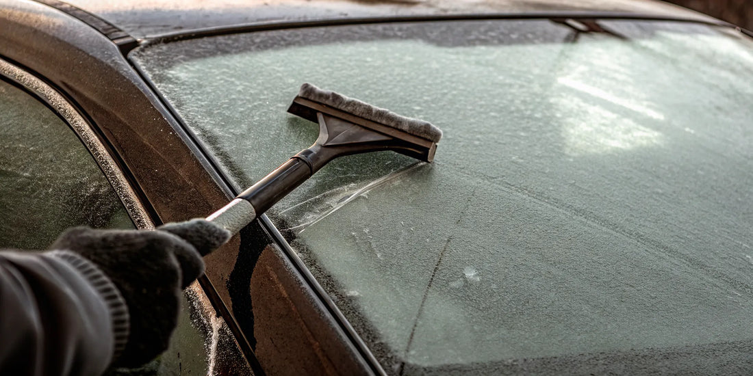 Heavy duty ice scraper clearing ice from a vehicle windshield