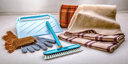 Essential winter car care kit items including a snow brush, ice scraper, gloves, and a blanket.