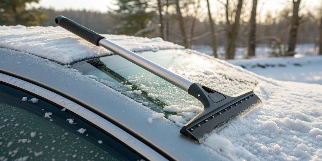 A person uses a well-chosen snow scraper with a long handle to clear snow from a car windshield.