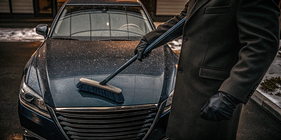 Man using a soft brush to clear snow from a car without scratching the paint.