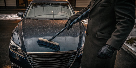 Man using a soft brush to clear snow from a car without scratching the paint.