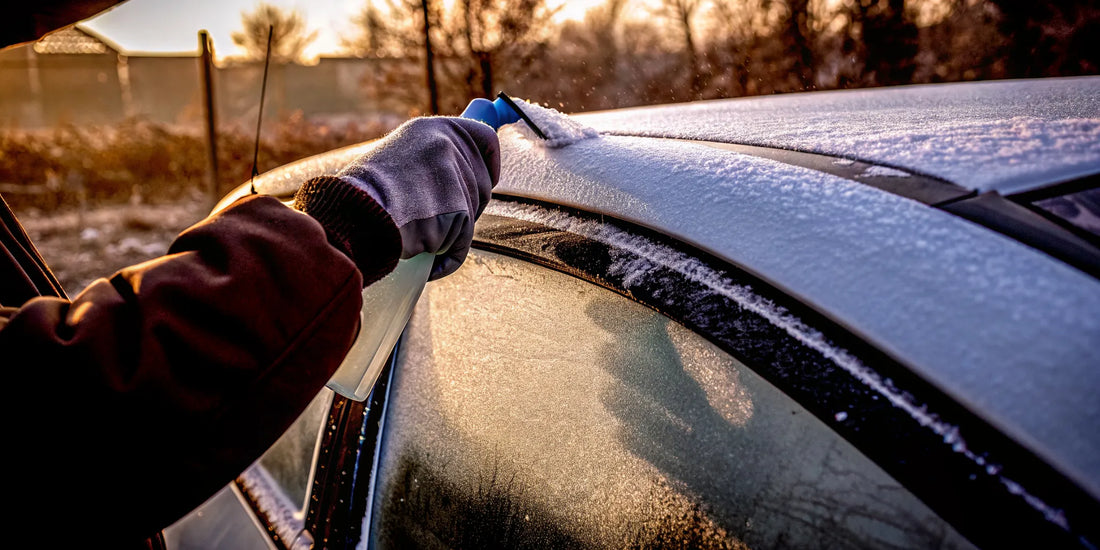 A gloved hand using a scraper to de-ice a car's frozen wiper blades.