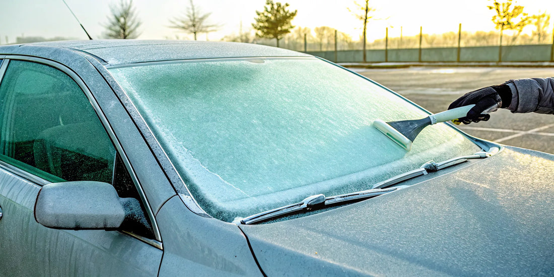 A person demonstrates how to deice a windshield fast with an ice scraper.