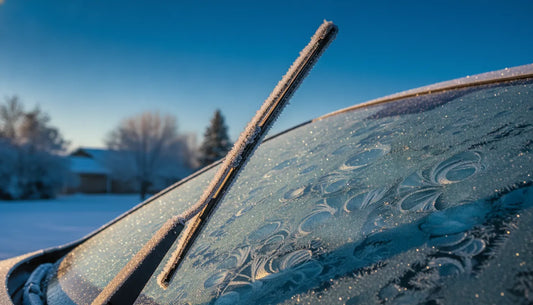 Car windshield on a snowy winter morning with a raised wiper blade coated in ice