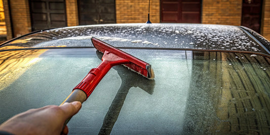 Red snow and ice scraper clearing frost from a car windshield