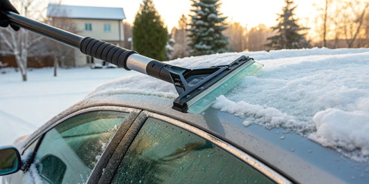 A person uses an ice scraper to quickly remove ice from a car windshield.