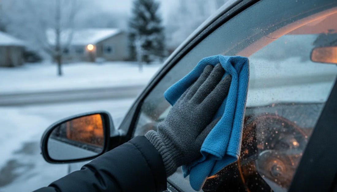 Driver carefully loosening frost near a tinted car window