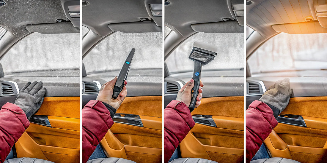 A person storing an ice scraper in a car's interior door pocket.