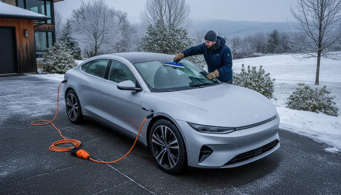 Driver clearing frost from an electric car on a winter morning