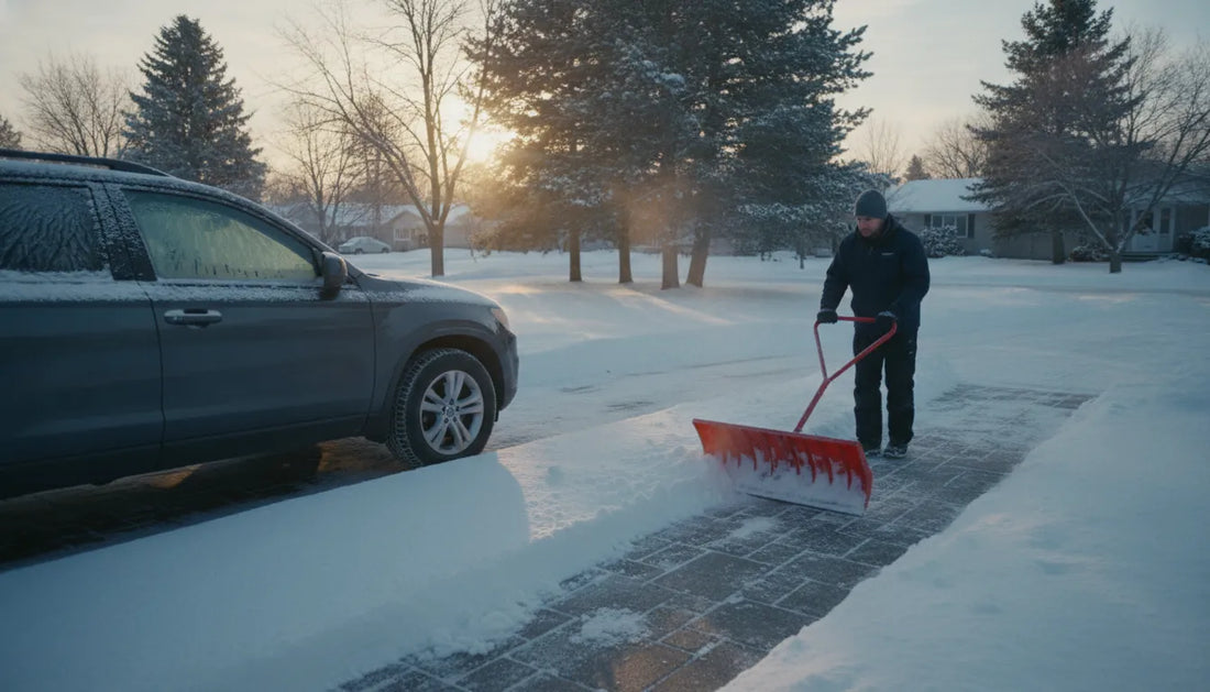Homeowner pushing snow across a driveway in winter