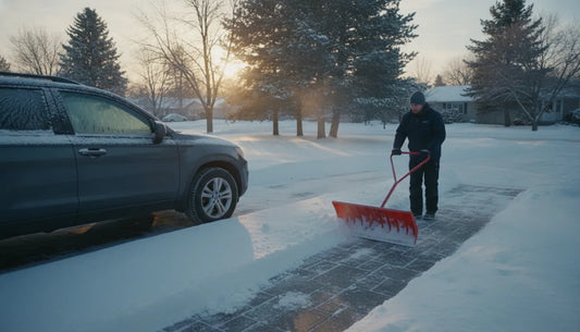 Homeowner pushing snow across a driveway in winter