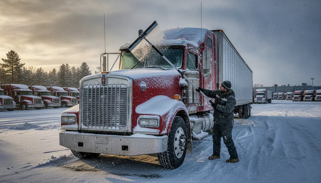 Large ice scraper for trucks clearing a snowy semi truck windshield