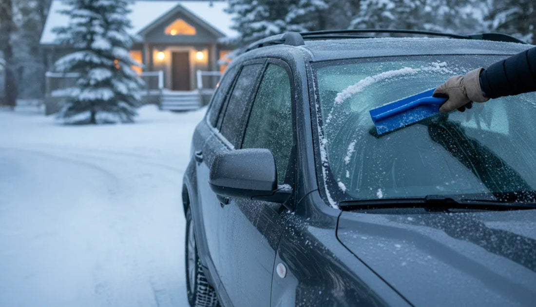 Driver using a non-scratch snow scraper on a frosted vehicle