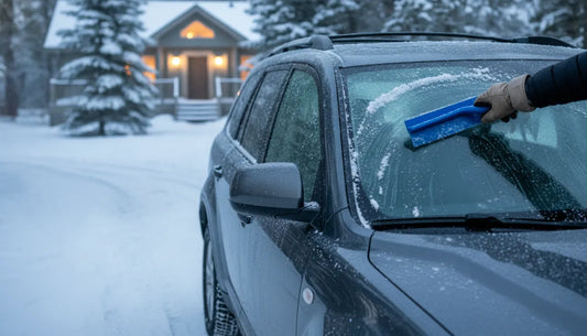 Driver using a non-scratch snow scraper on a frosted vehicle