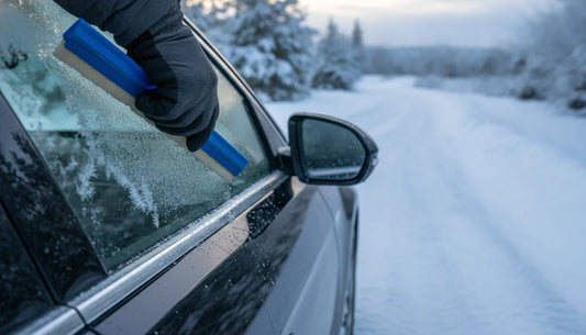 Driver using a paint-friendly scraper on a frosted car window